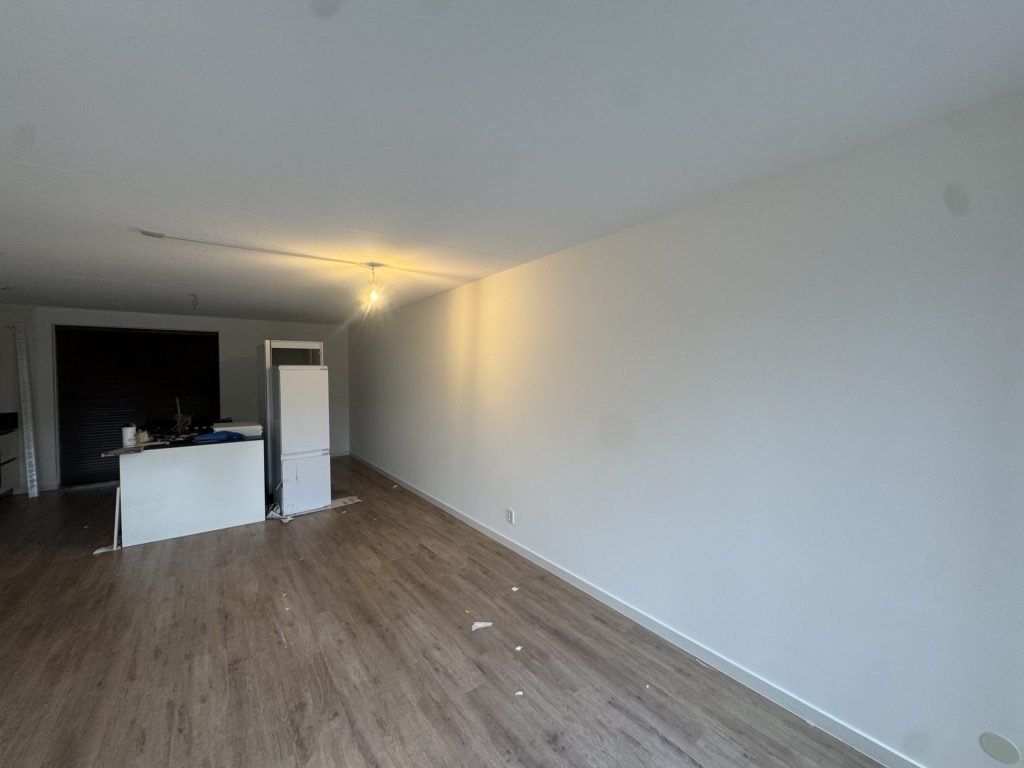 Lange witte wand in de woonkamer van een appartement met open keuken en een houten vloer